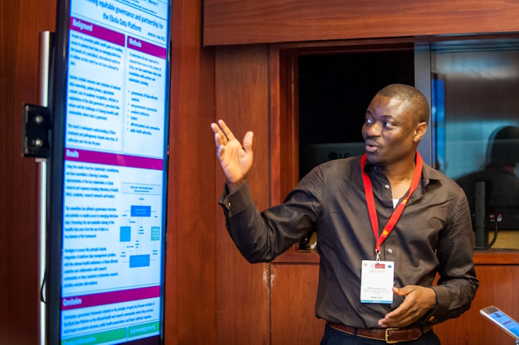 Dr Mahamoud Sama Cherif presenting his poster on creating an equitable governance framework for IDDO's Ebola research theme, credit: EDCTP forum.
