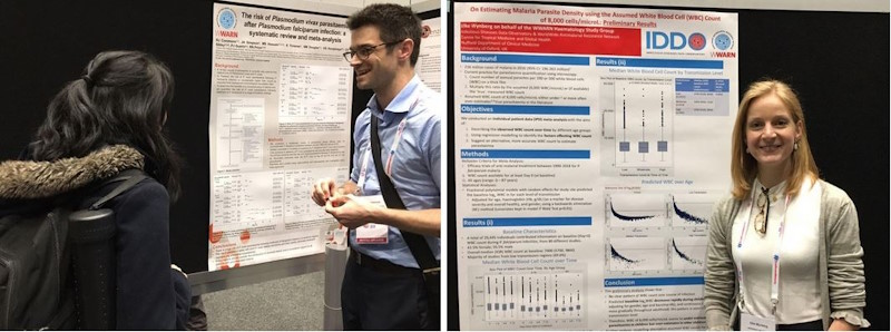 Dr Rob Commons presenting the Clinical Groups work on 'The risk of Plasmodium vivax parasitaemia after Plasmodium falciparum infection: a systematic review and meta-analysis' (left). Elke Wyndberg presenting her poster at the First Malaria World Congress (right)