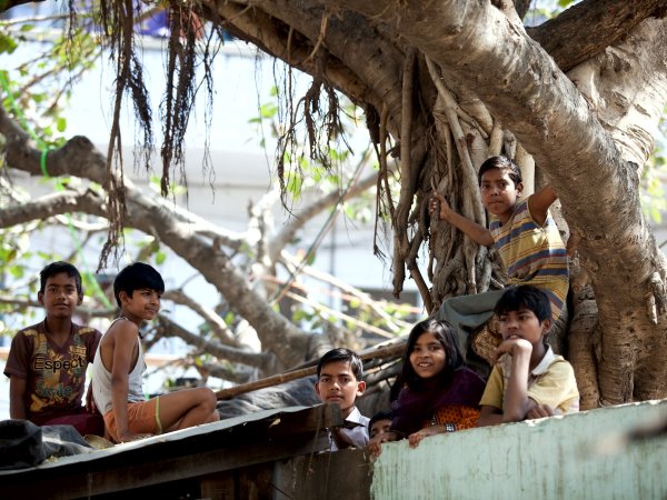 Children sitting under tree in region of India