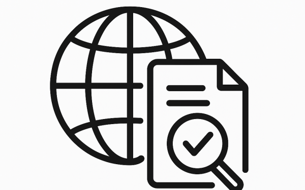 globe and document icon with magnifying blass